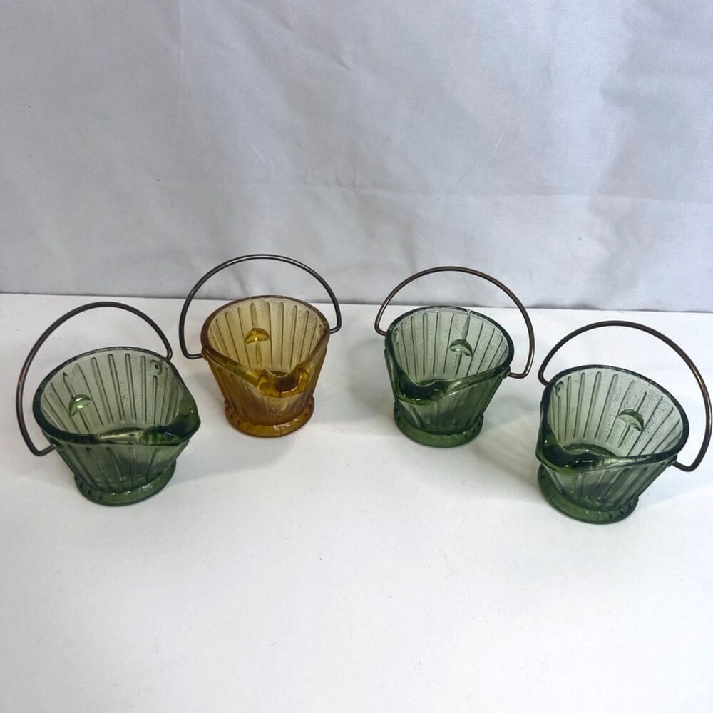VTG Hazel Atlas Depression Glass Coal Bucket Ashtrays Scuttle 3 Green-1 Amber 2"
